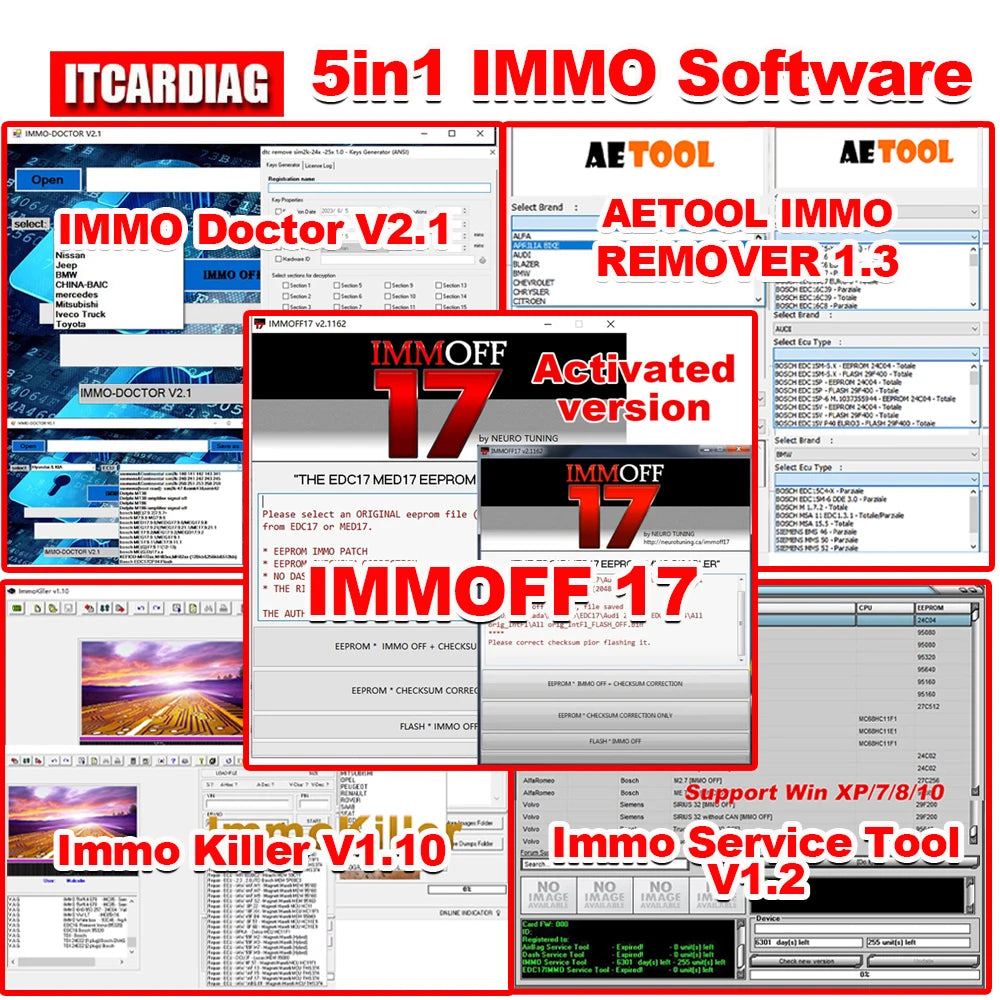 5 in 1 Immo Car Software IMMOFF 17 Immo off 17 Immo Doctor V2.1 AETOOL IMMO REMOVER 1.3 ImmoKiller V1.10 IMMO SERVICE TOOL V1.2